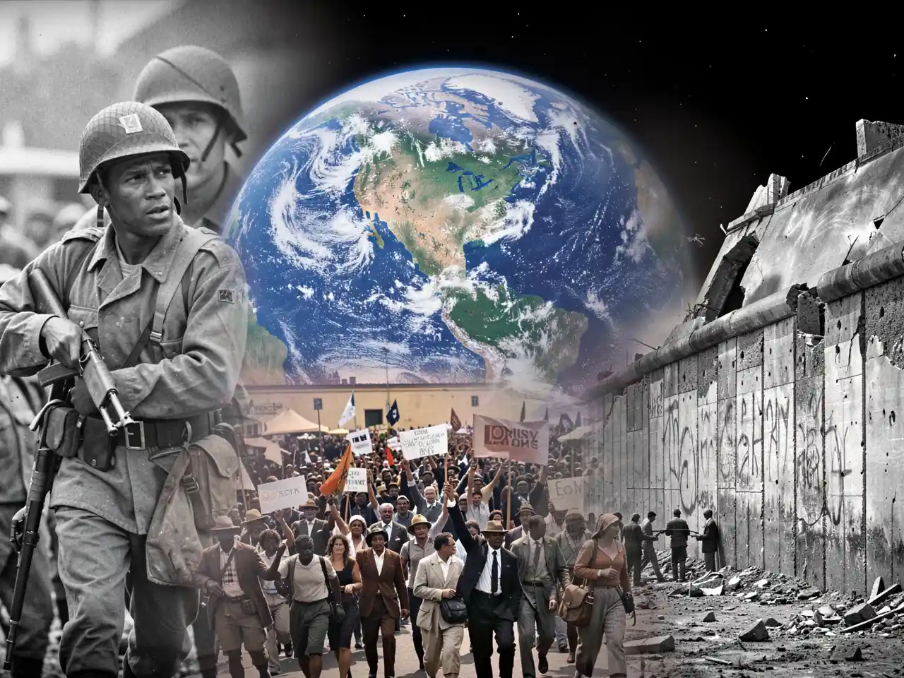 Montage of iconic 20th century events including war, moon landing, and civil rights march