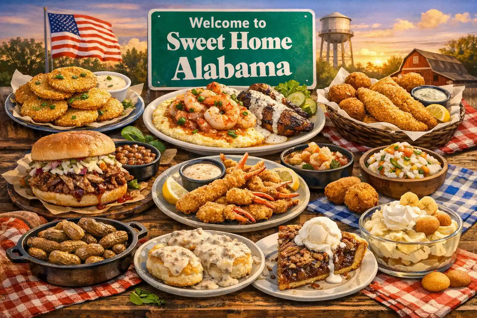 A variety of iconic Alabama foods displayed on a rustic table showcasing Southern cuisine