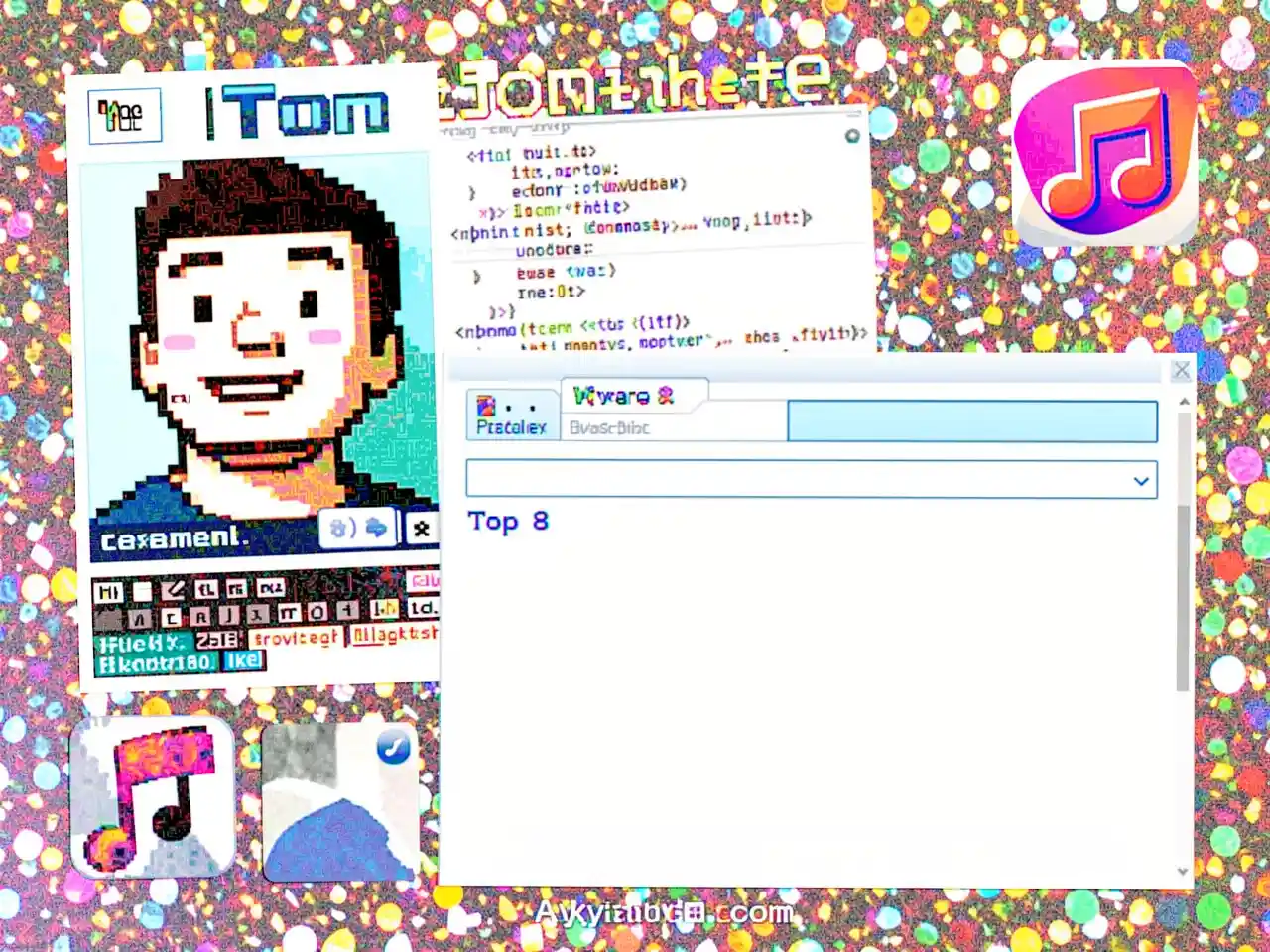 Nostalgic collage of MySpace elements including Tom's profile, HTML code, Top 8 list, and music note