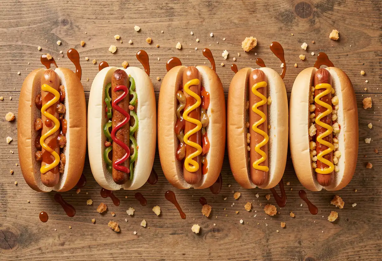 Variety of gourmet and classic hot dogs arranged side by side with colorful toppings