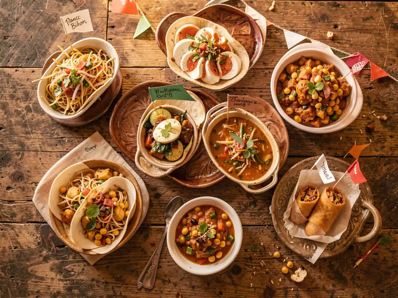 Overhead view of various cultural potluck dishes with small flags and labels on a rustic table