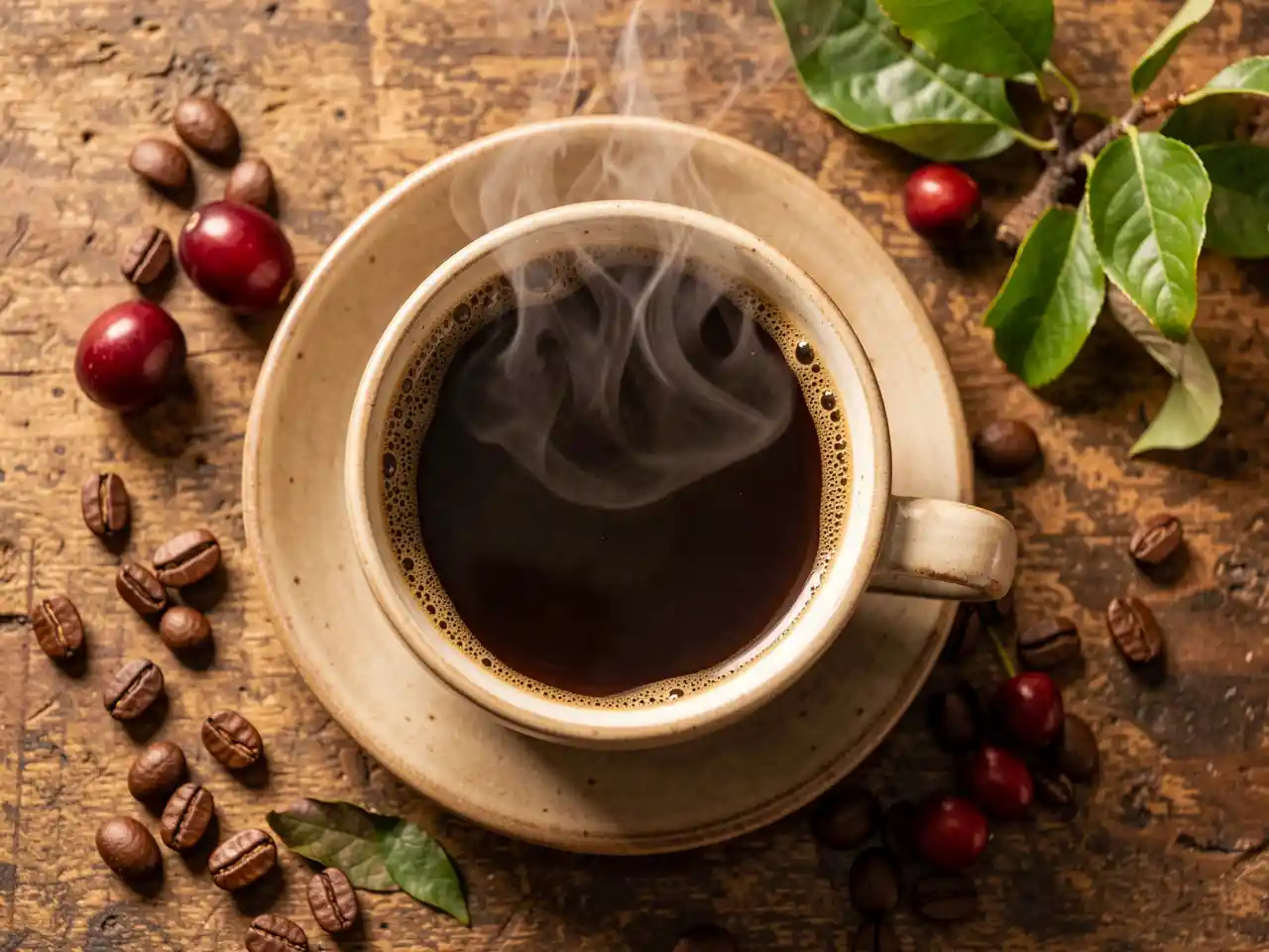 Steaming cup of coffee with fresh cherries and beans representing coffee's fruit origins