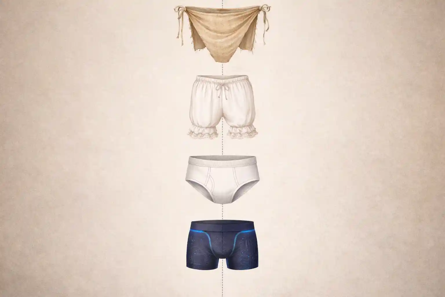 Timeline collage of historic underwear styles from ancient loincloth to modern smart fabric