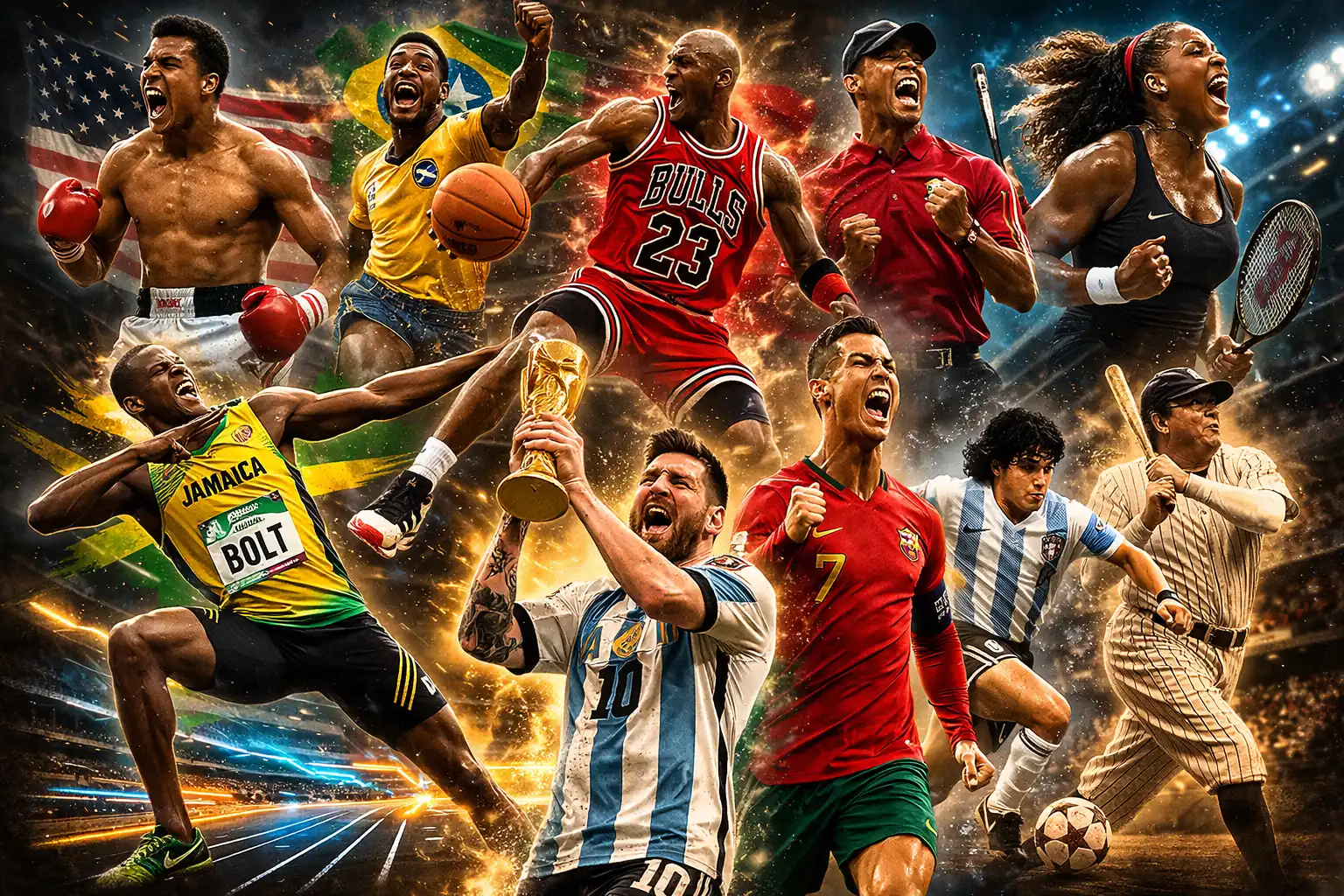 Top 10 Most Recognized Sports Icons of All Time collage featuring legendary athletes