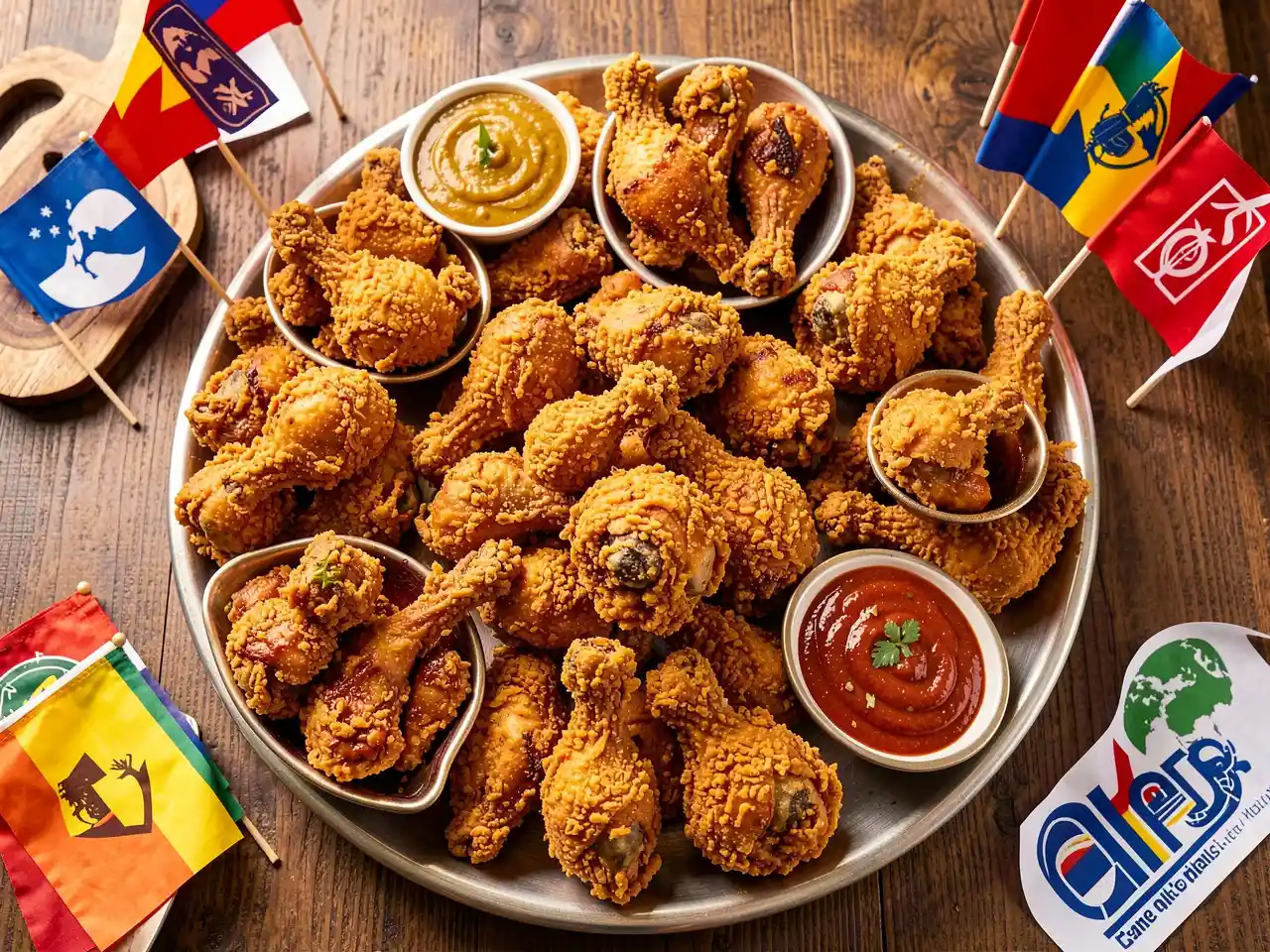 Variety of global fried chicken styles on a platter representing international competition