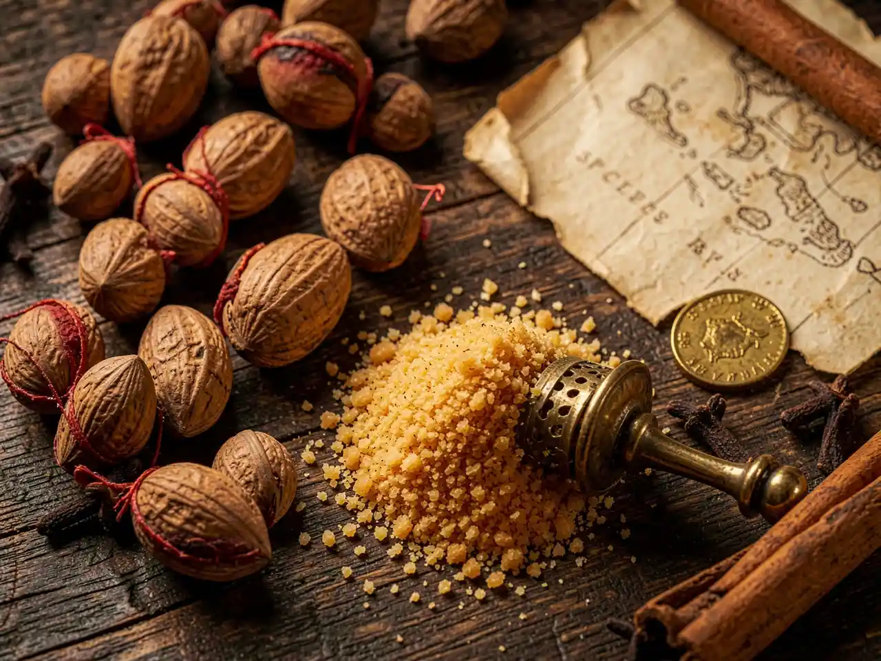 Whole nutmeg seeds with red mace, freshly grated spice, and a vintage grater on dark wood, symbolizing its rich history and culinary value.