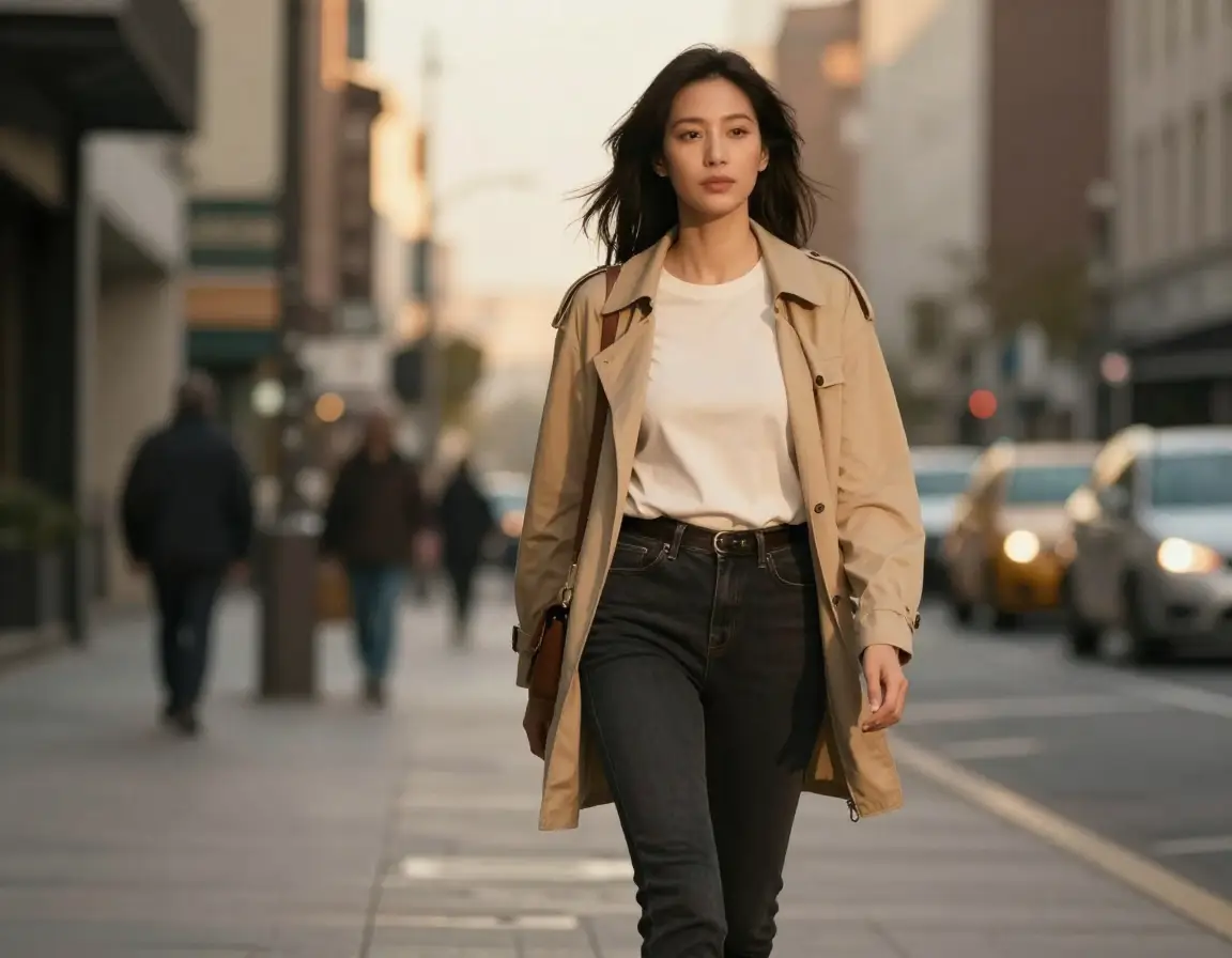 confident woman walking forward in a city environment with calm focus