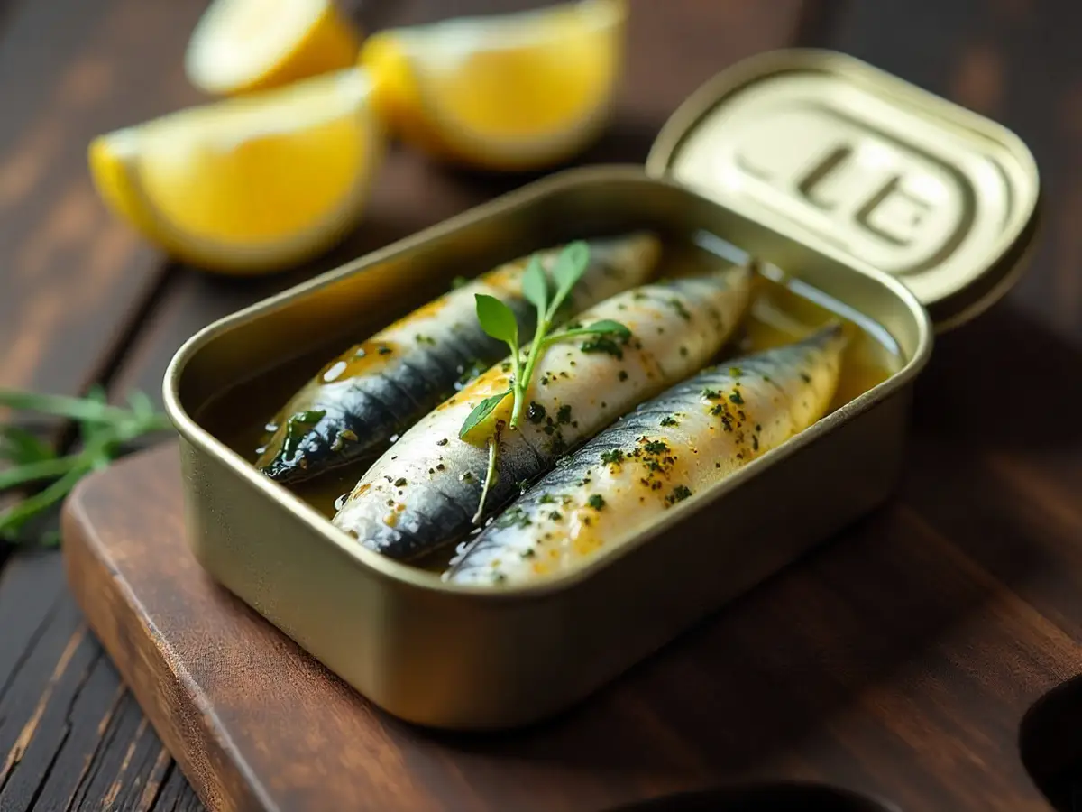 Open canned sardines showcasing texture and natural oils