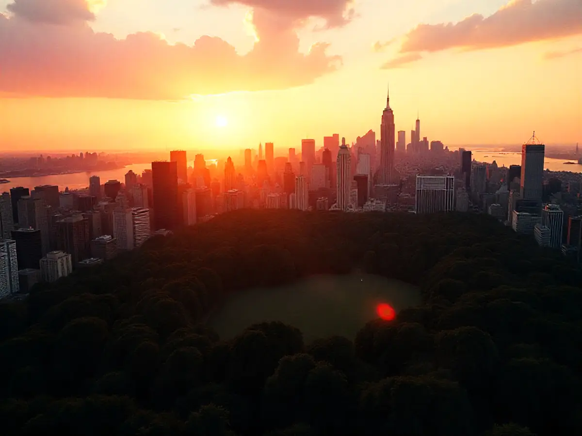 Skyline view of New York City with Central Park in the foreground at sunset