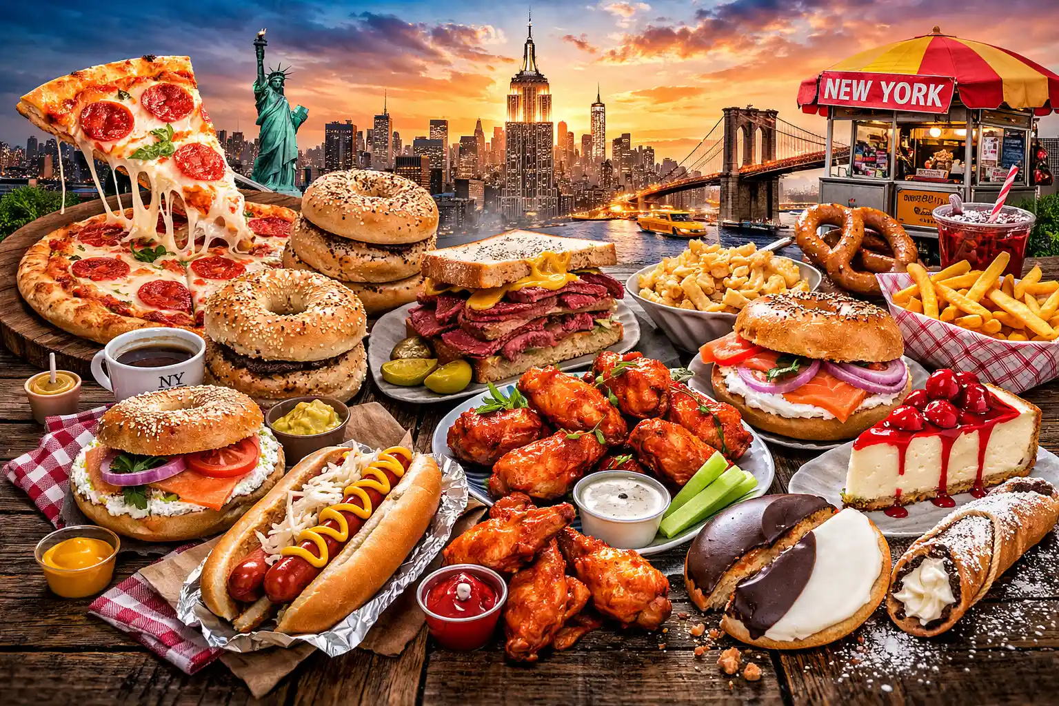 vibrant collage of iconic New York foods, from classic pizza and bagels to Buffalo wings and black and white cookies, all arranged around a rustic Empire State silhouette