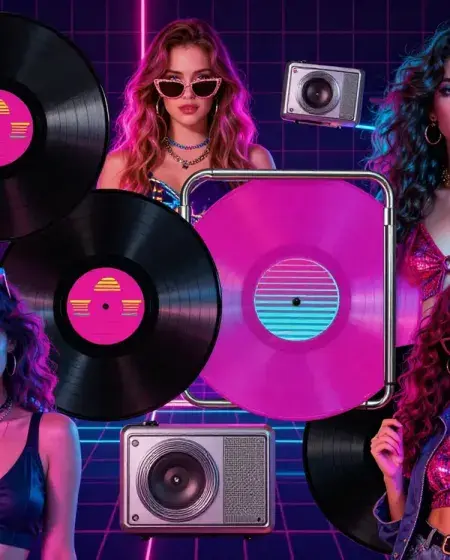 collage of 1980s pop culture icons with neon colors and bold fashion