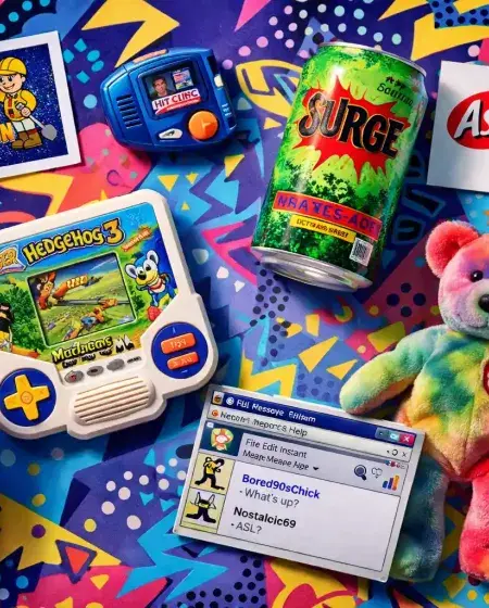 A colorful flat lay of iconic 1990s items, including a Hit Clips player, Beanie Baby, and Surge soda, capturing the decade's nostalgic spirit.