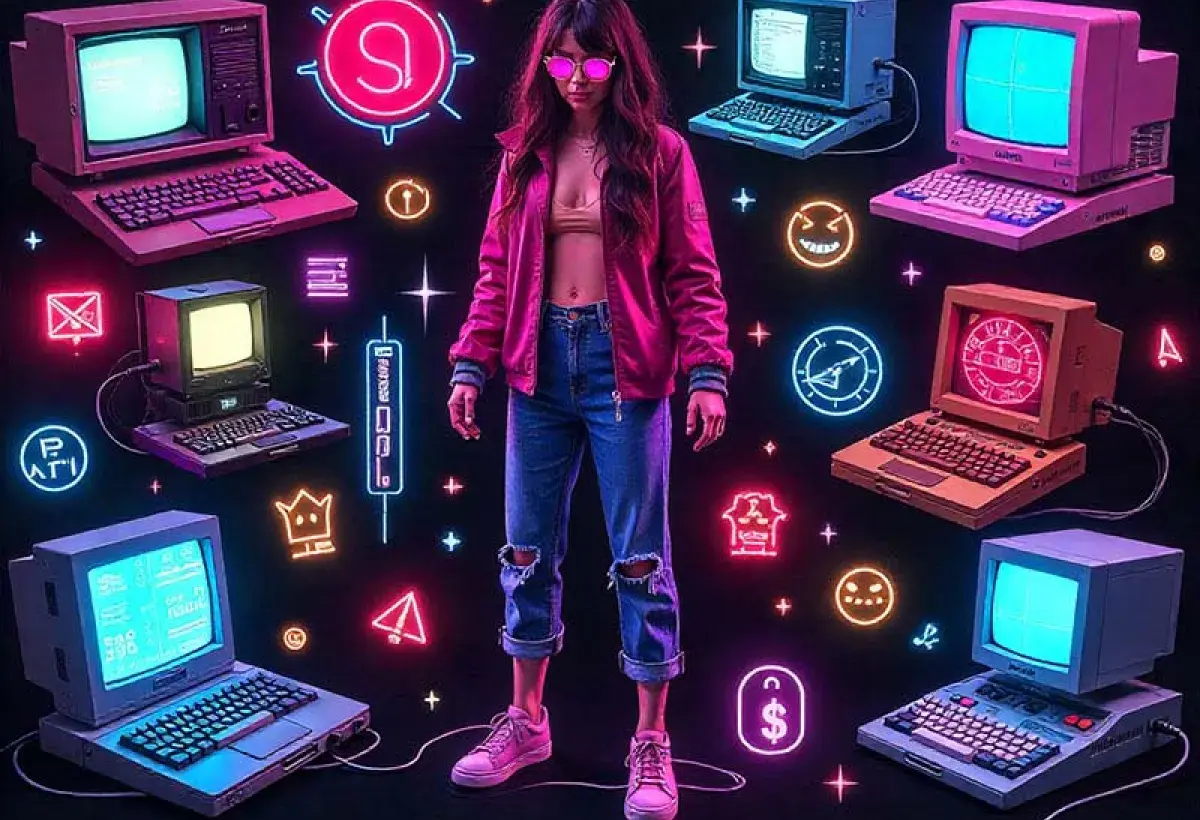 1990s fashion and tech nostalgia collage