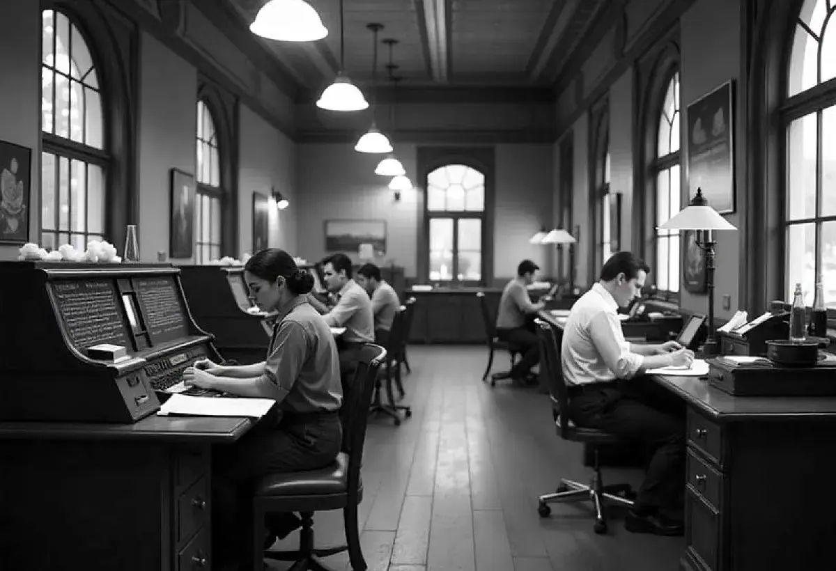 Historical bank office showing staff working limited hours