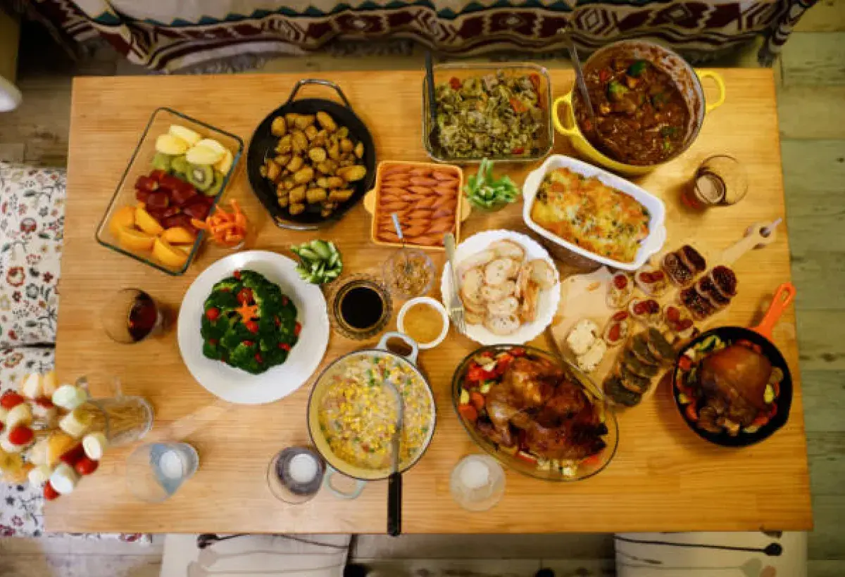 Traditional American family table featuring large home cooked portions