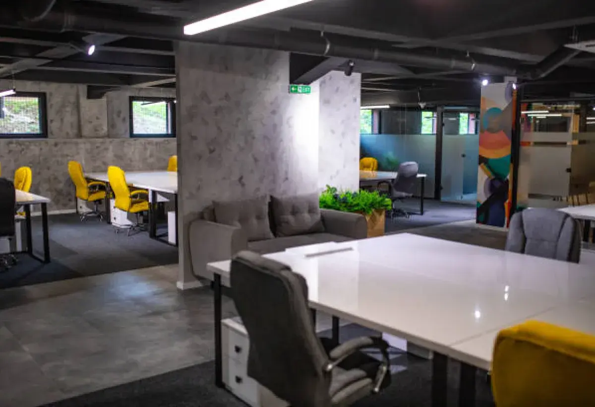 Modern hybrid workspace used for occasional in person collaboration