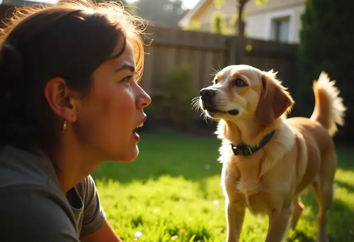 Human making face at dog illustration