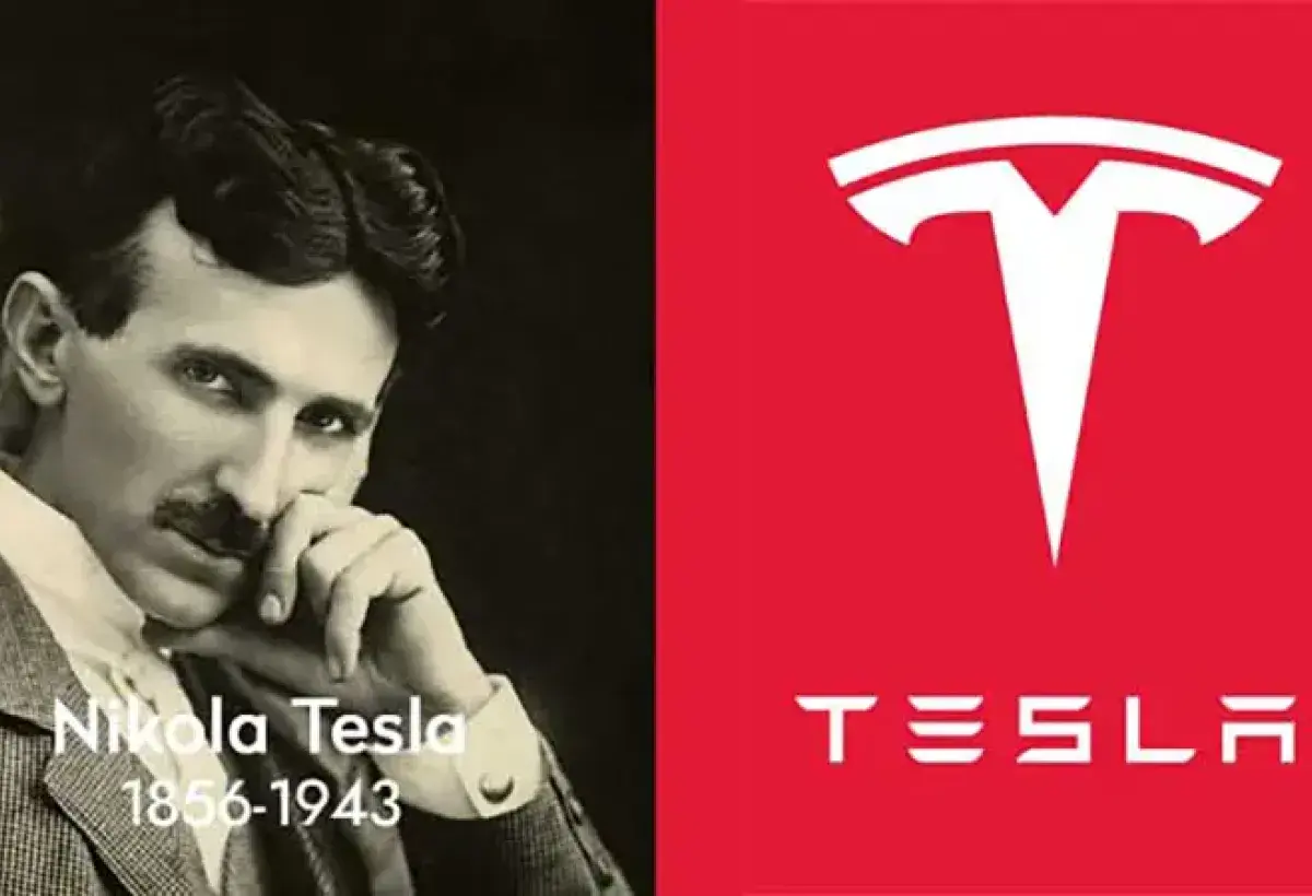 Nikola Tesla portrait alongside early Tesla Motors branding