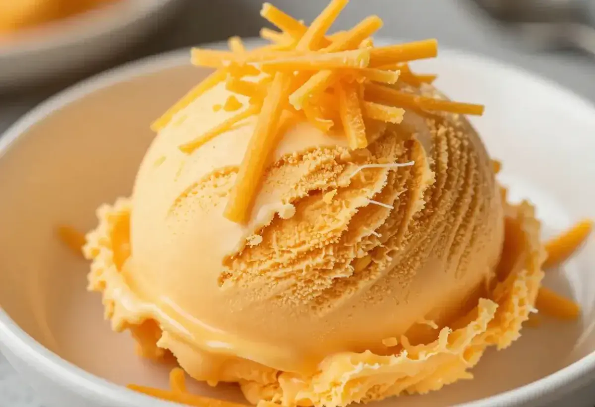 Bright orange Filipino cheese ice cream with shredded cheddar