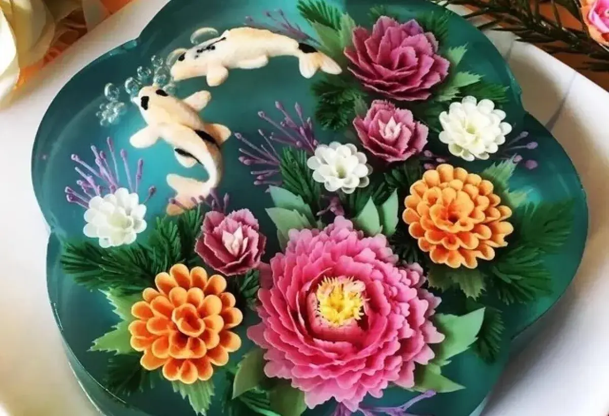 Transparent floral jelly cake with intricate design