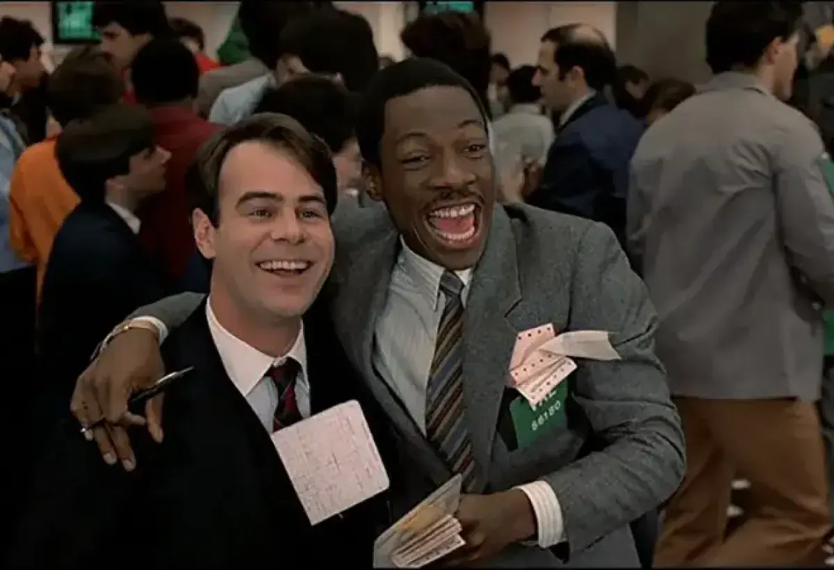 Trading Places comedic Wall Street trading floor scene
