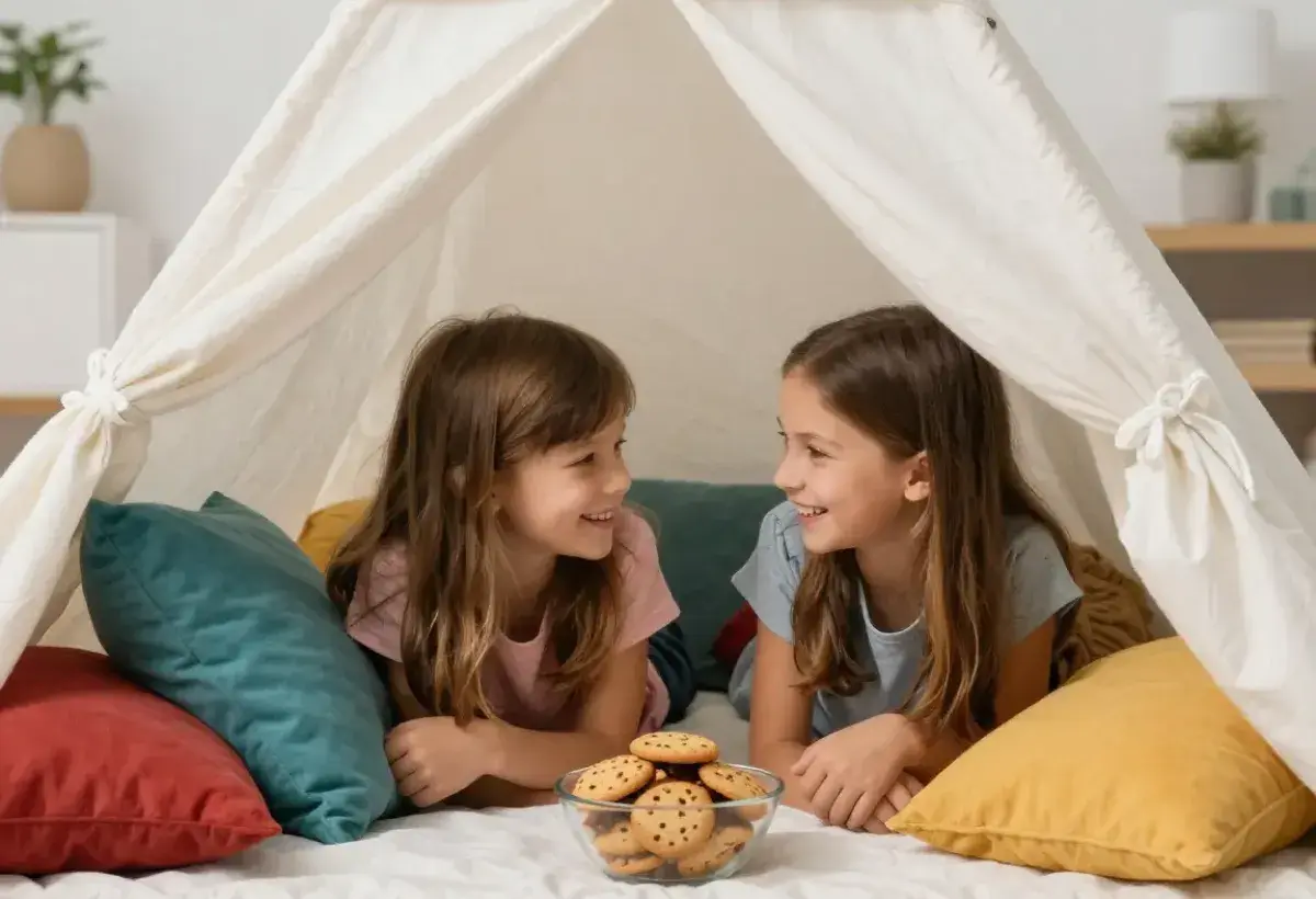 Kids enjoying a sleepover inside a homemade pillow fort