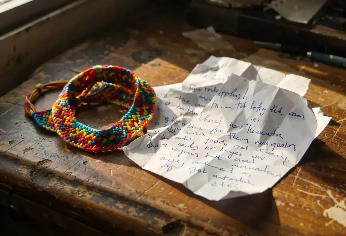 Handcrafted friendship bracelets and a small handwritten note
