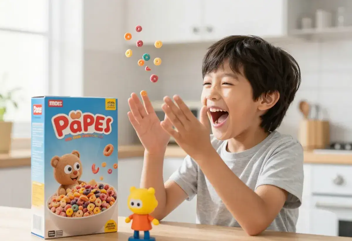 Excited child discovering a collectible toy in a cereal box