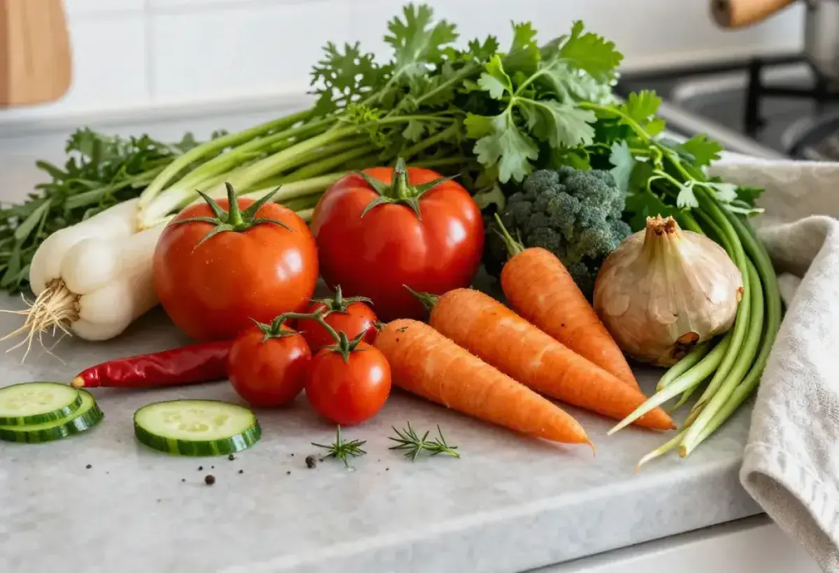 Fresh colorful vegetables arranged neatly on a kitchen counter
