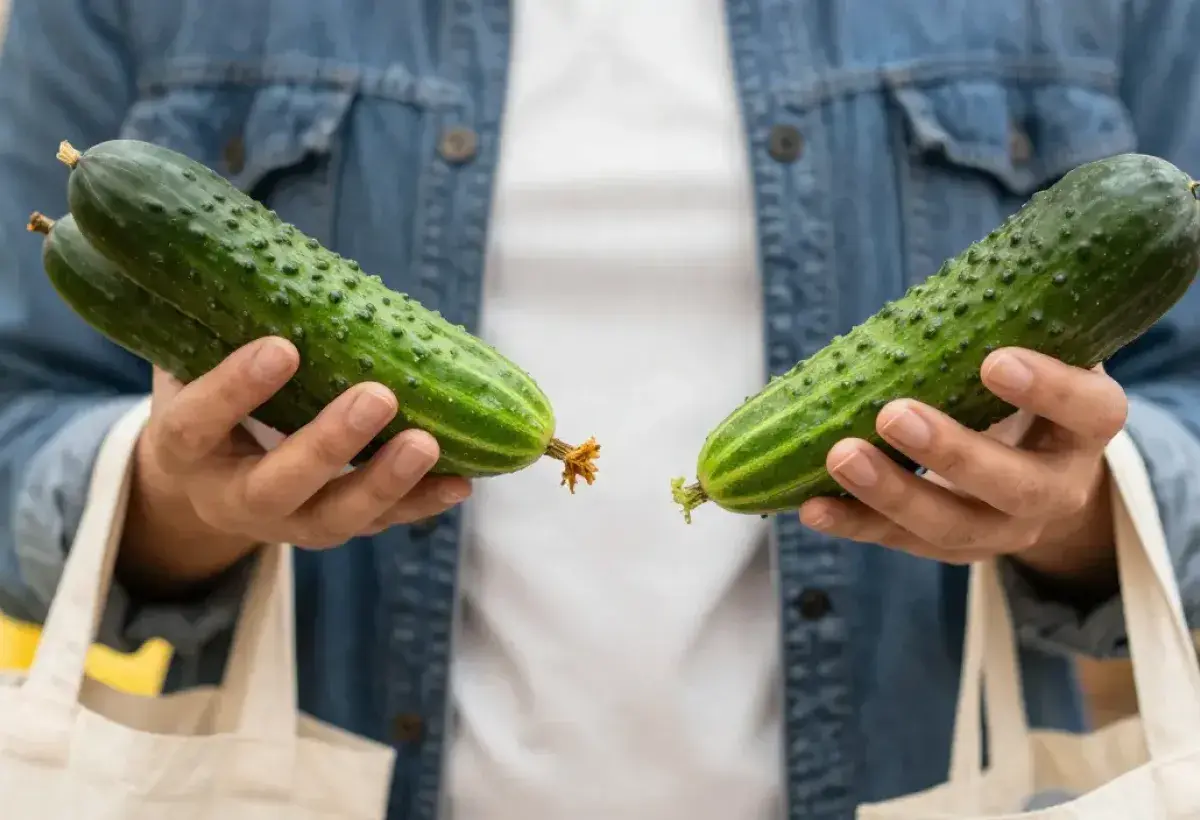 Hands comparing the weight of fresh cucumbers at a market