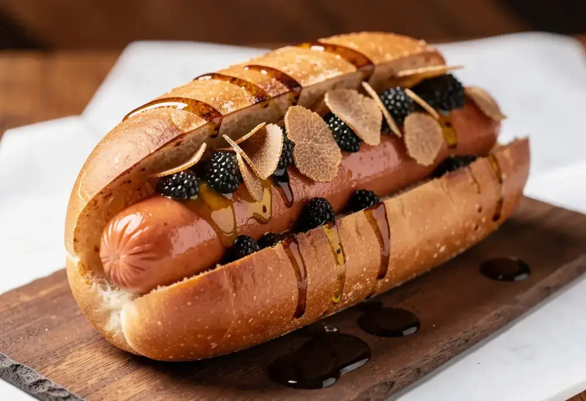 High end gourmet hot dog with truffles and caviar