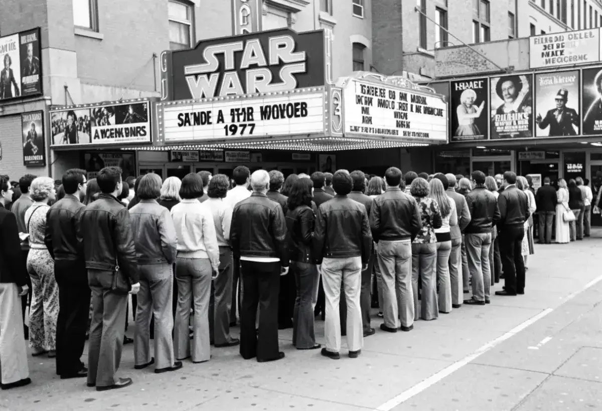 Large crowd lined up outside a movie theater for the 1977 release of Star Wars