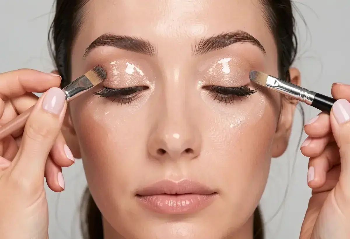 Makeup artist applying glossy eyelid effect for a fashion shoot