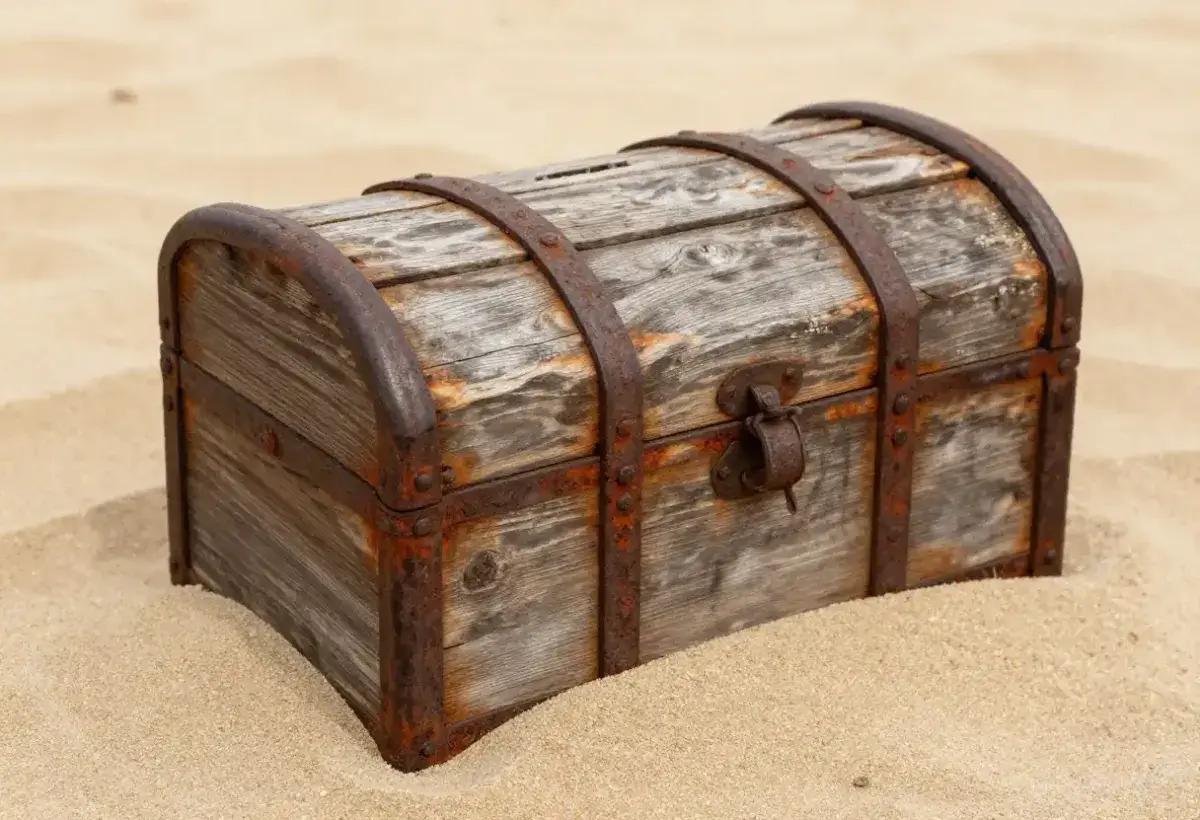 Old pirate chest buried in sand, evoking the legend of Blackbeard's treasure