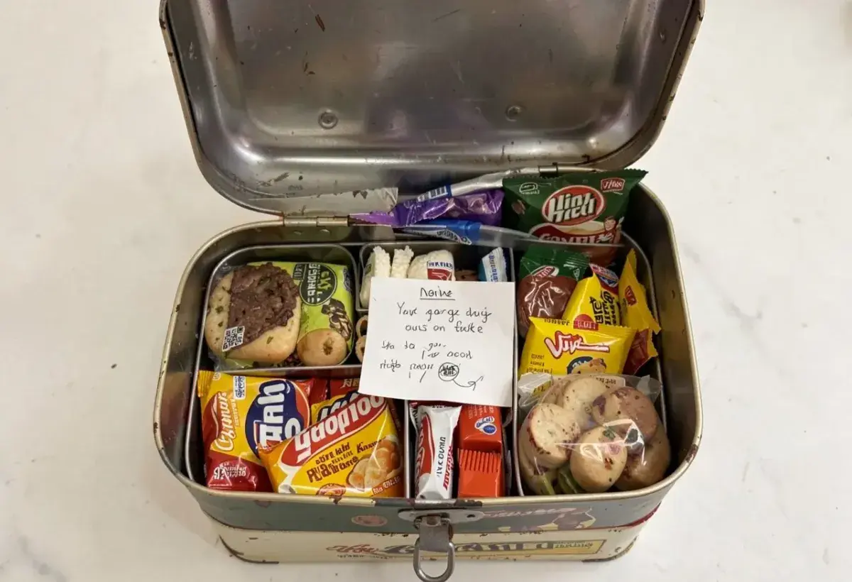 School lunchbox with sandwiches and a note from a parent