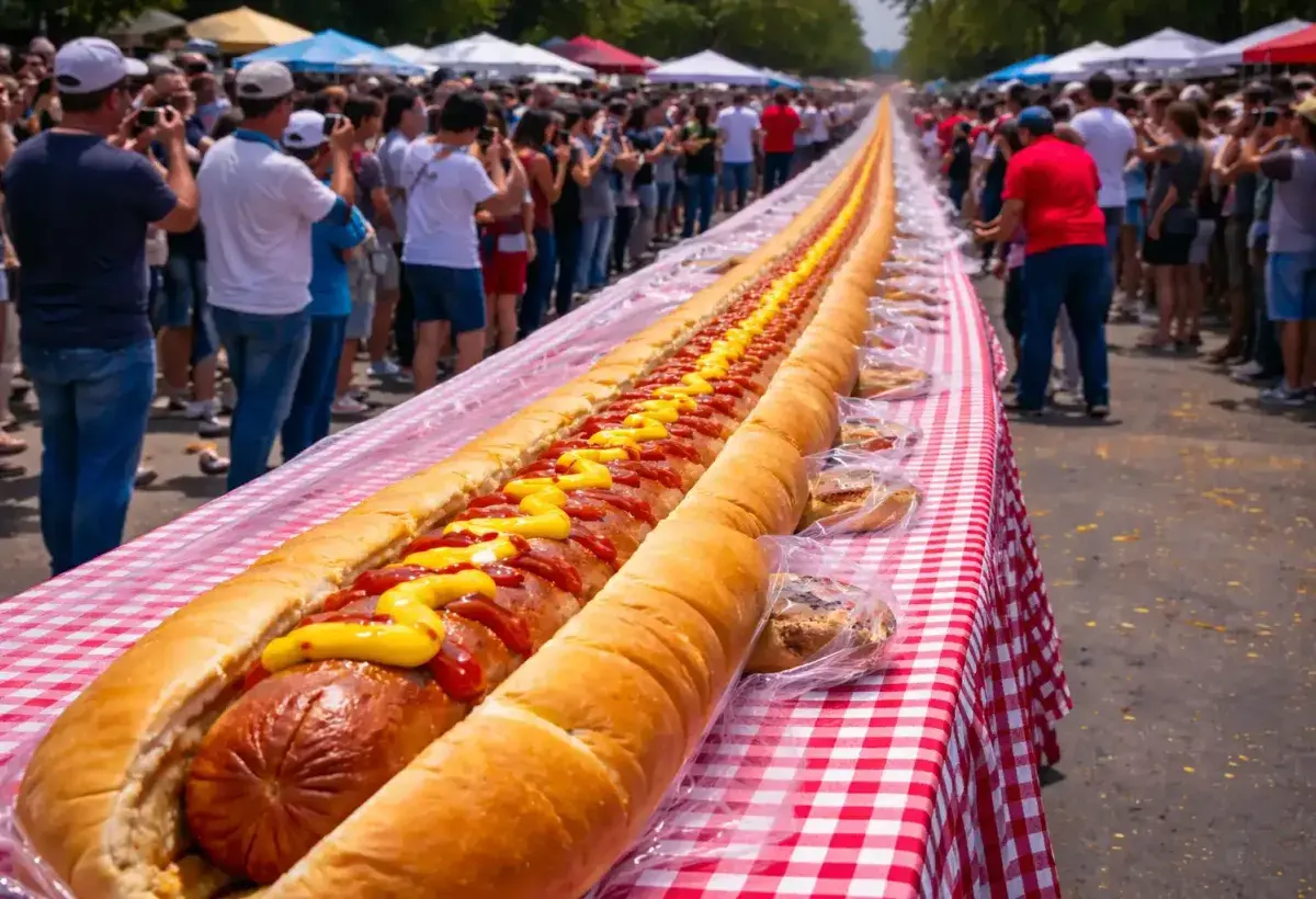 Record breaking hot dog stretching across a long table