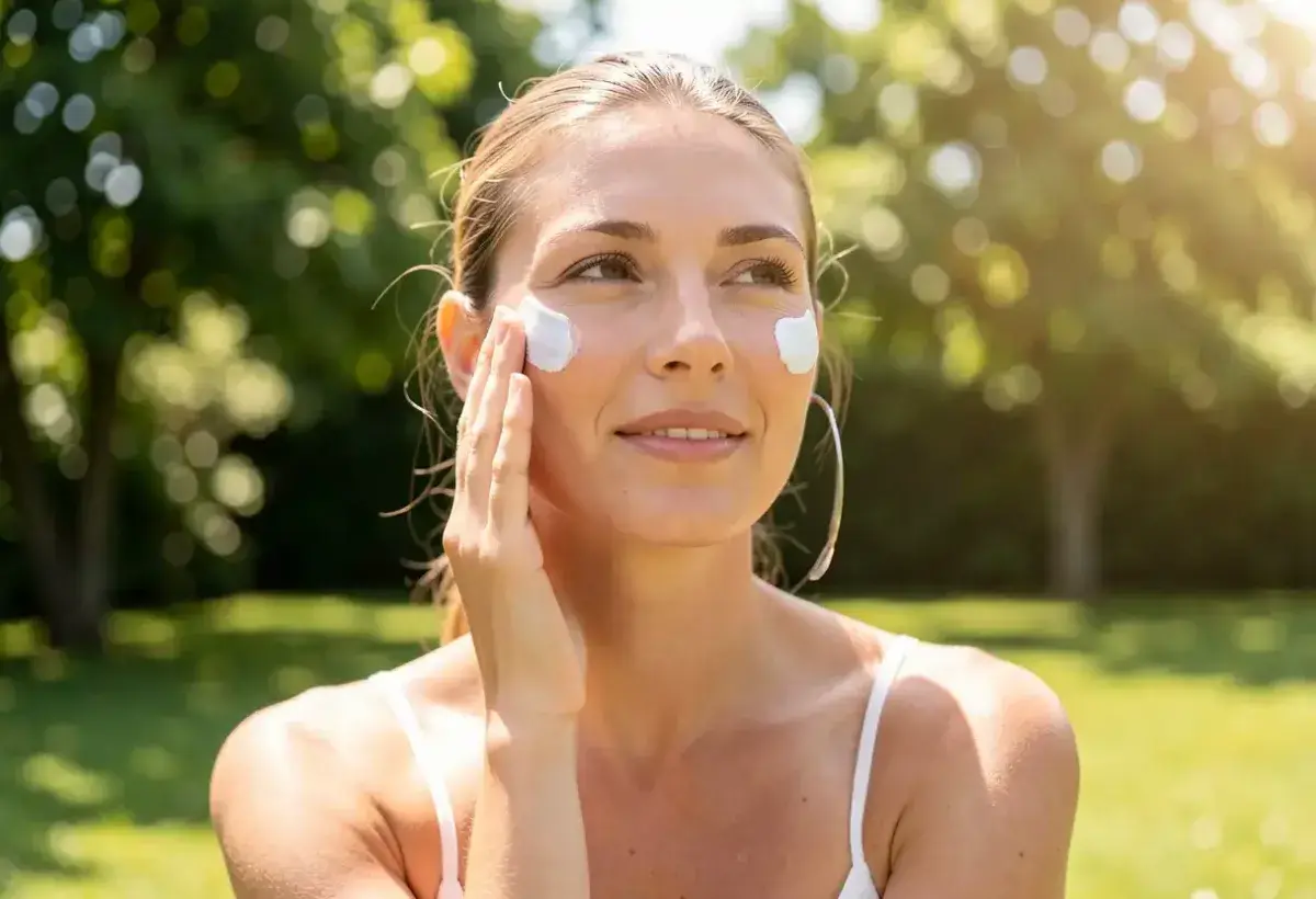 Woman applying sunscreen to prevent premature wrinkles and sun damage