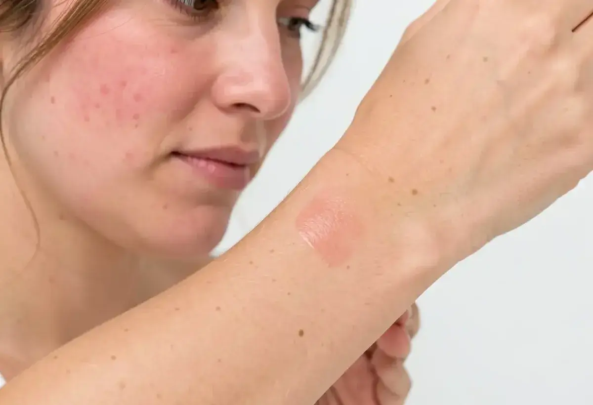 Woman patch testing skincare product to prevent irritation
