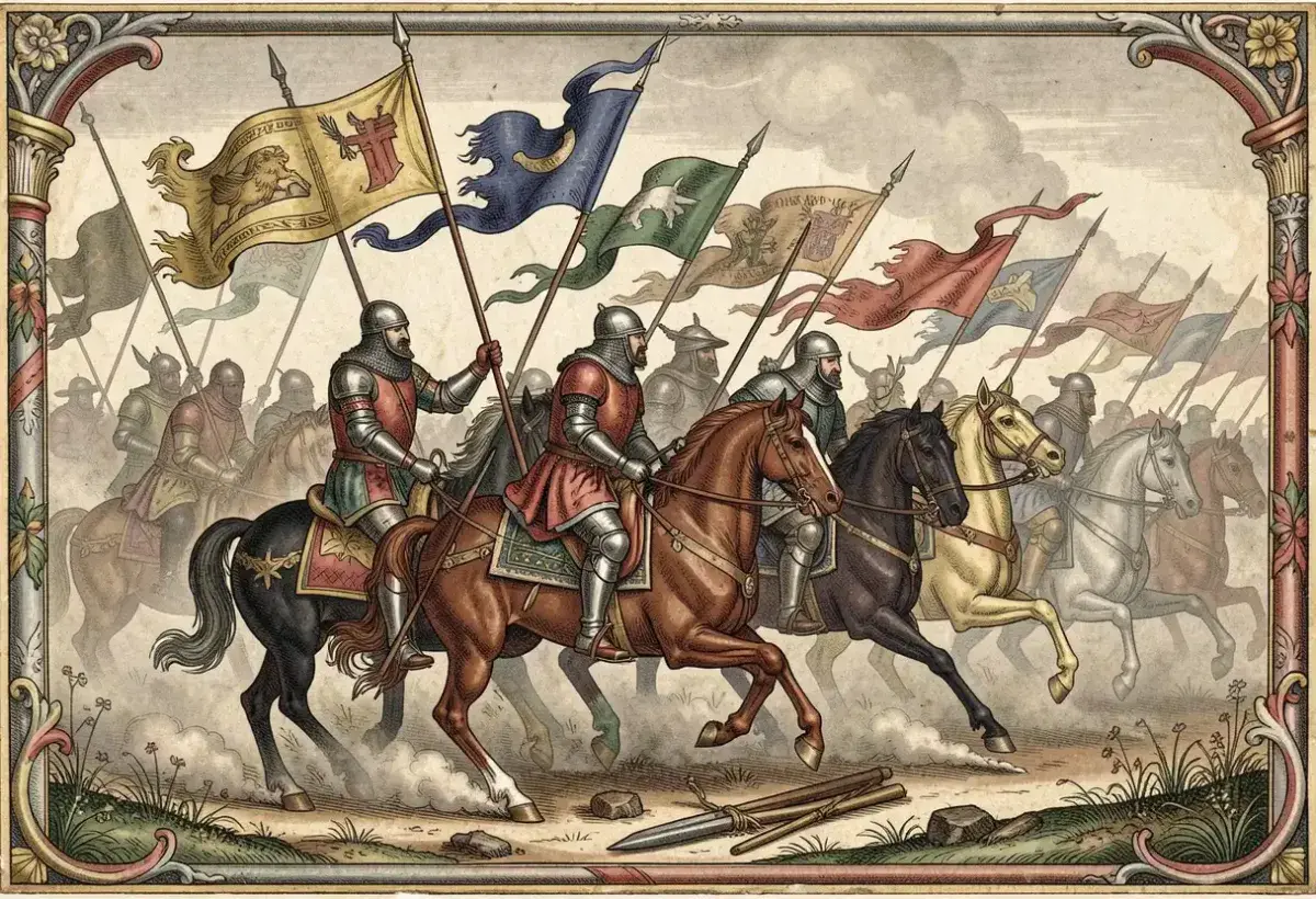 medieval illustration of knights on horseback