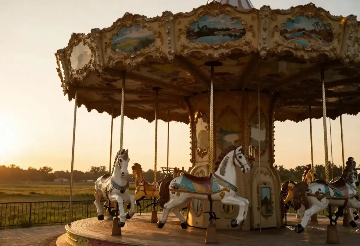 vintage carousel at sunset