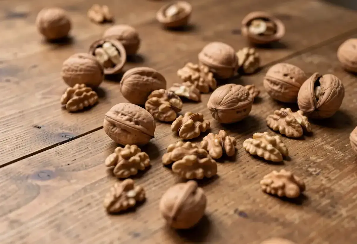 walnuts scattered on wooden table