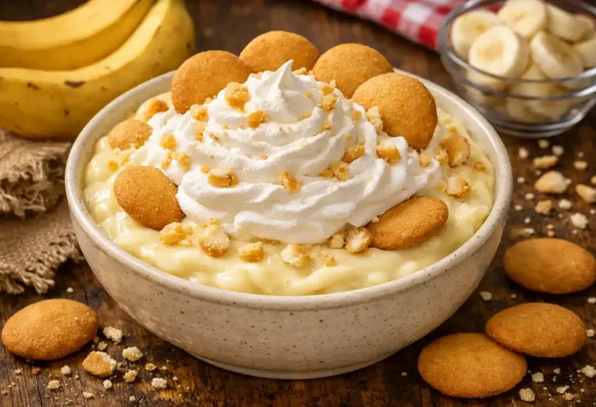 Creamy banana pudding layered with wafers and sliced bananas