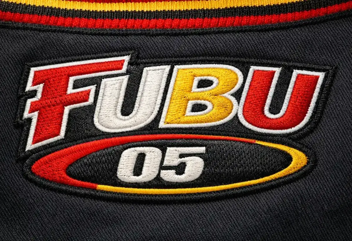 Close up of a FUBU clothing tag showing the iconic logo and brand name embroidery.