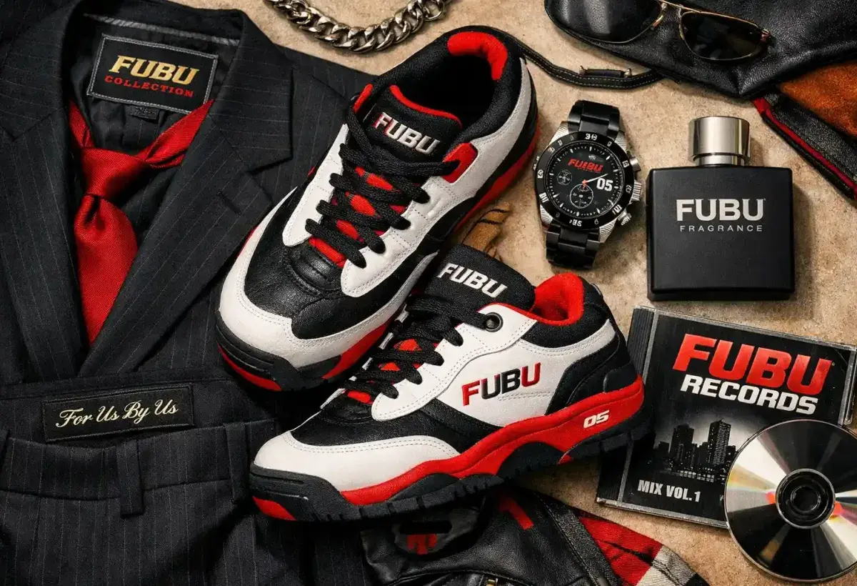 diverse FUBU products including a suit, sneakers, a watch, a fragrance, and a music CD.