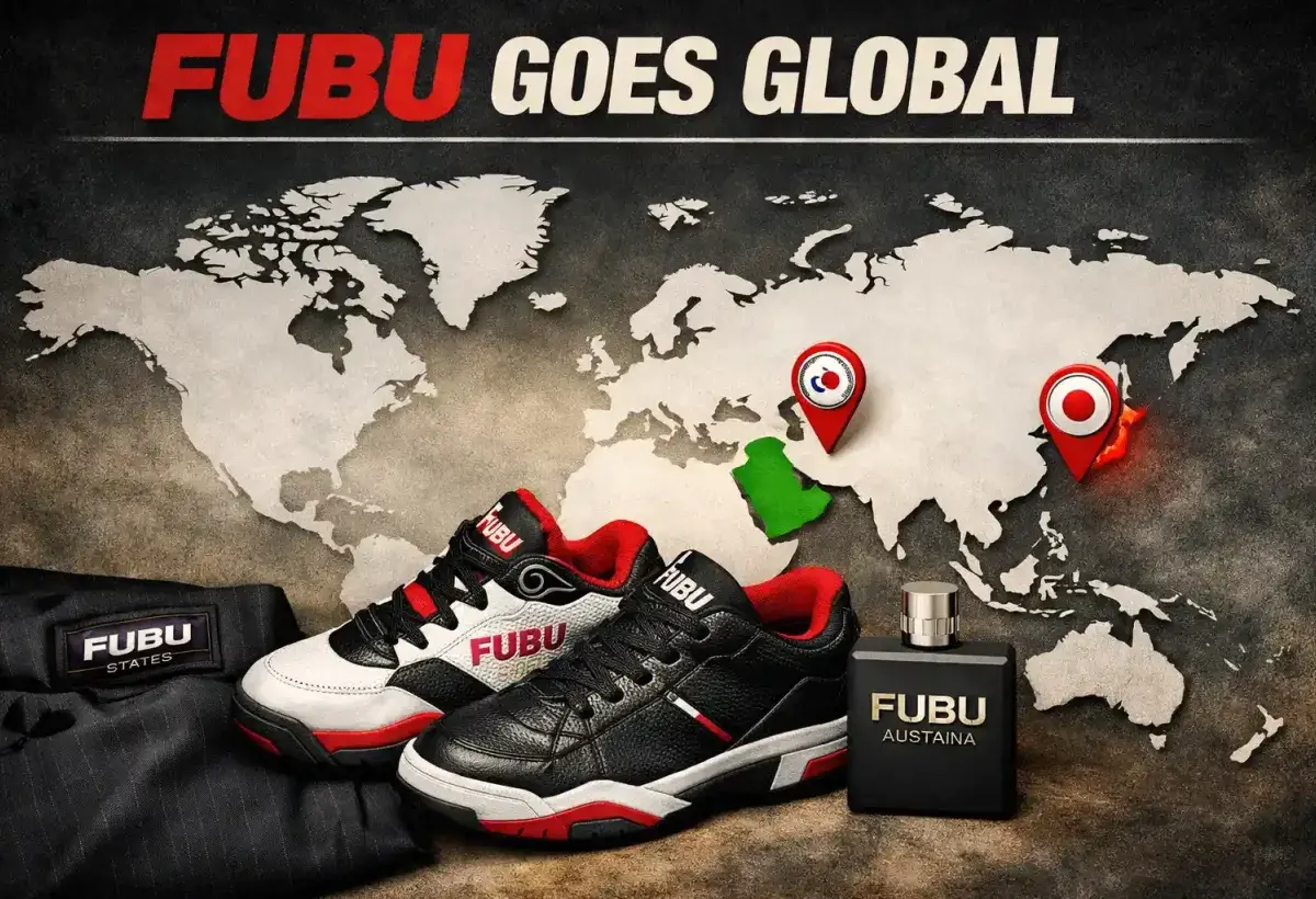  A world map with the United States faded and Asian and Middle Eastern countries highlighted, showing FUBU's international market focus