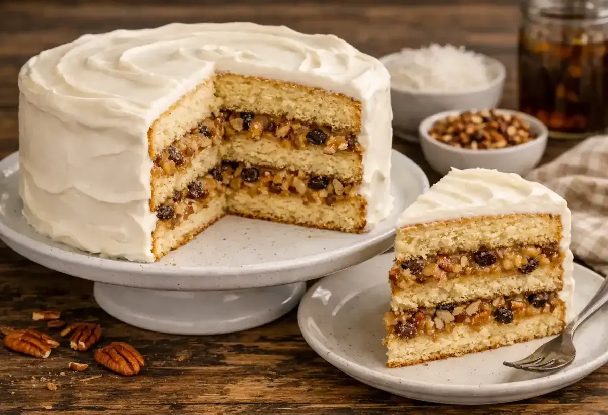 Traditional Lane cake with multiple layers and rich filling