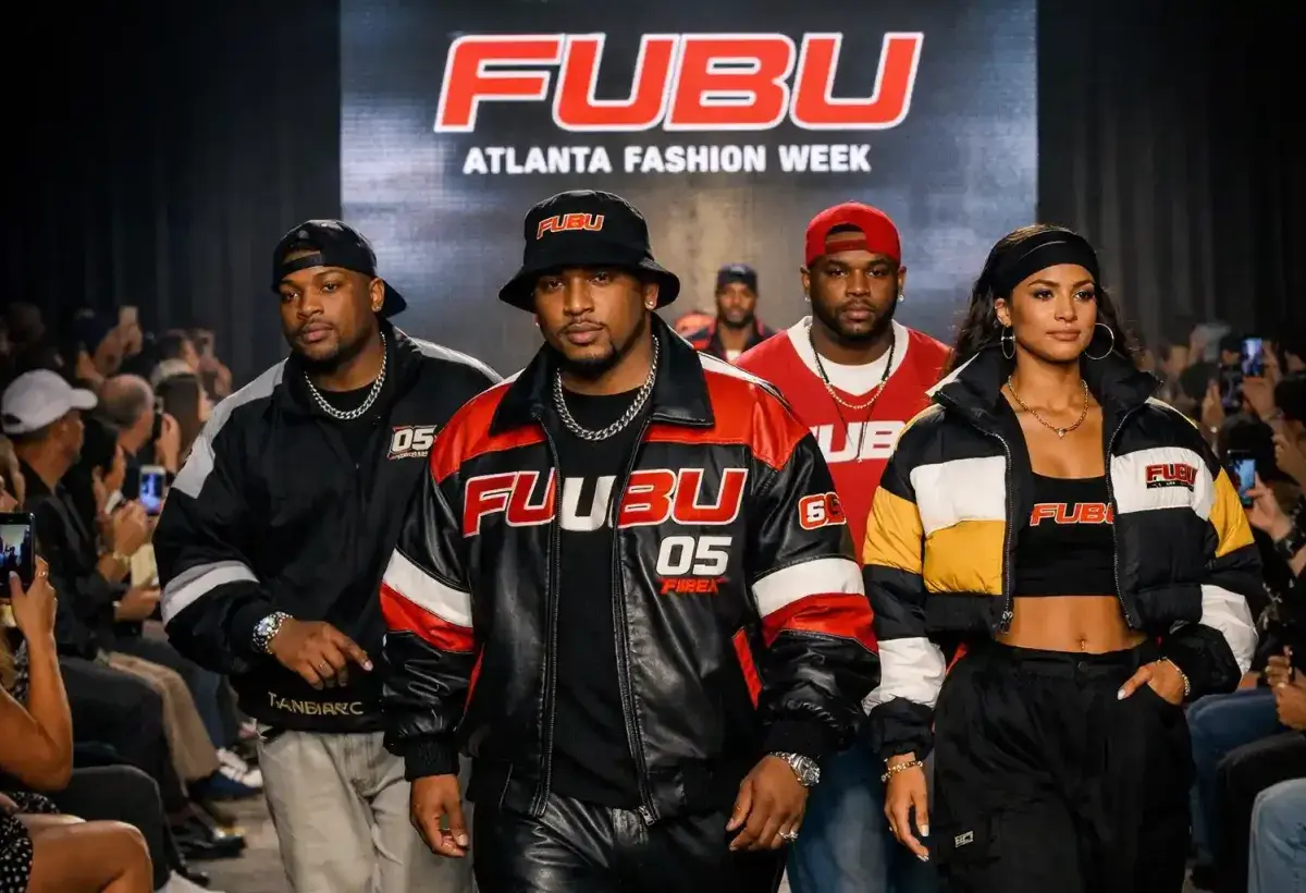 A runway model wearing modern FUBU clothing at Atlanta Fashion Week 2024, representing the brand's comeback.