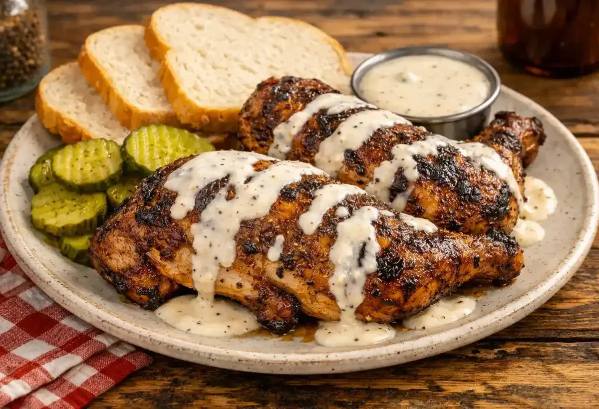 Alabama white sauce barbecue chicken served with classic sides