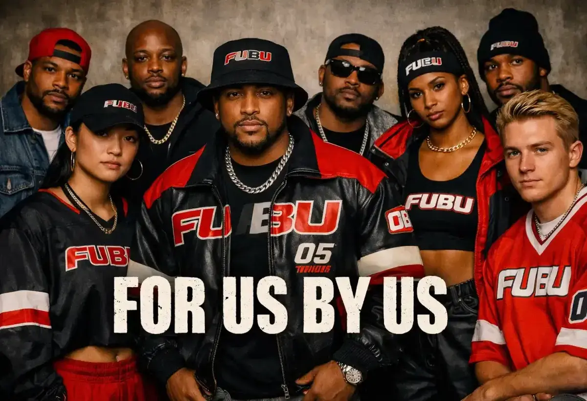 A diverse group of people wearing FUBU clothing standing together with the For Us By Us slogan