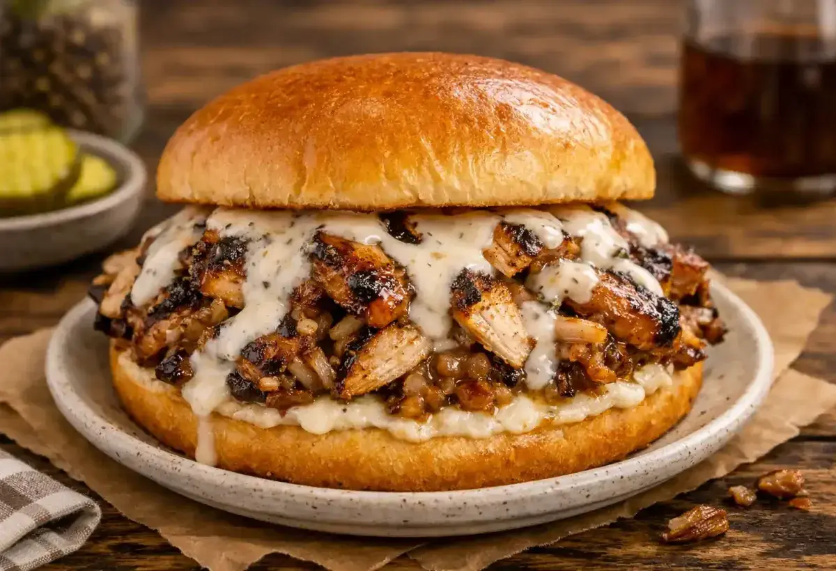 Chicken sandwich topped with Alabama white sauce and pickles